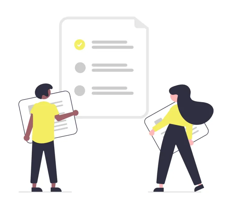 Minimalist illustration of a person in a black suit with a yellow tie, holding documents and organizing tasks or workflows represented by floating icons and arrows. Used in the context of AI for Product Owners.