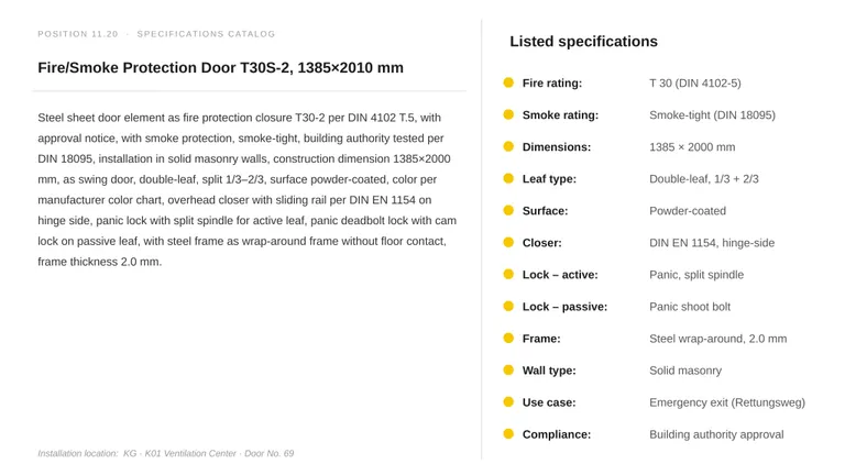 Technical specification sheet for a fire and smoke protection door, showing listed requirements including fire rating, dimensions, and compliance standards